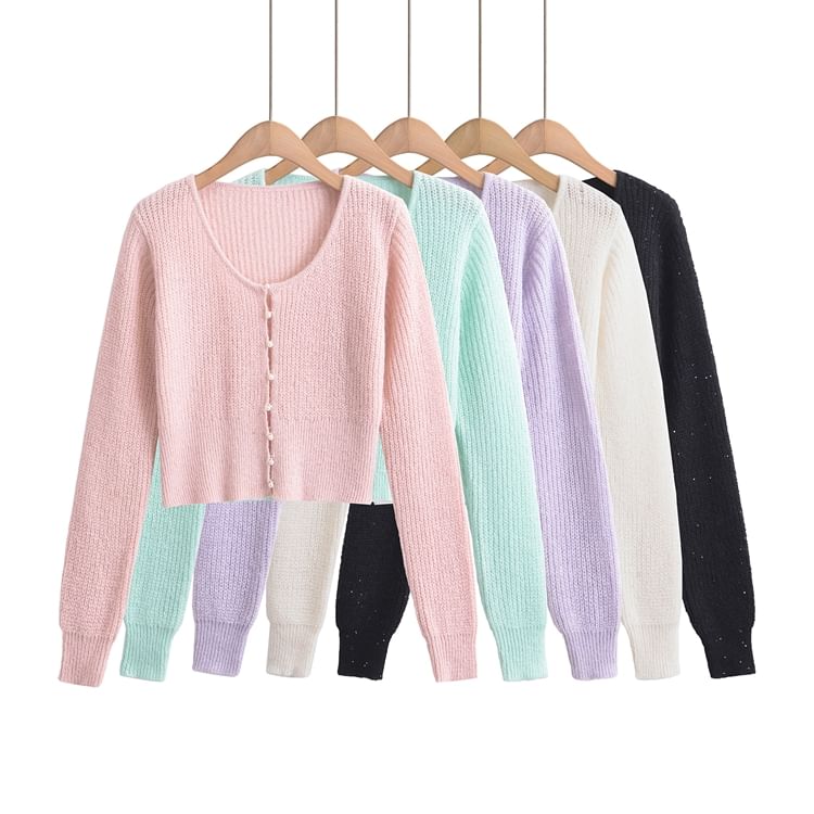 Scoop Neck Solid Sequin Faux Pearl Buttoned Crop Sweater