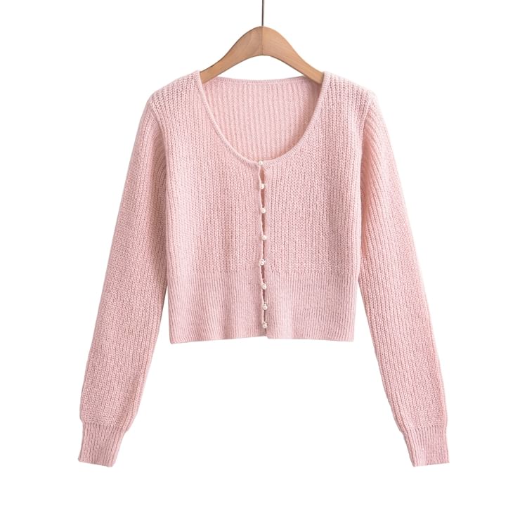 Scoop Neck Solid Sequin Faux Pearl Buttoned Crop Sweater