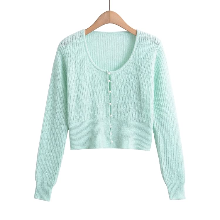 Scoop Neck Solid Sequin Faux Pearl Buttoned Crop Sweater