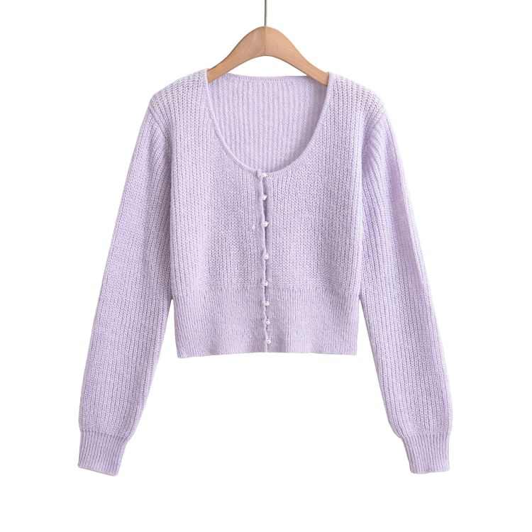Scoop Neck Solid Sequin Faux Pearl Buttoned Crop Sweater