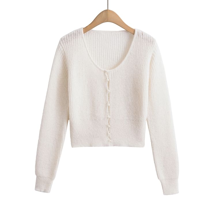 Scoop Neck Solid Sequin Faux Pearl Buttoned Crop Sweater