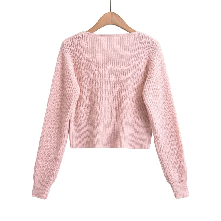 Scoop Neck Solid Sequin Faux Pearl Buttoned Crop Sweater