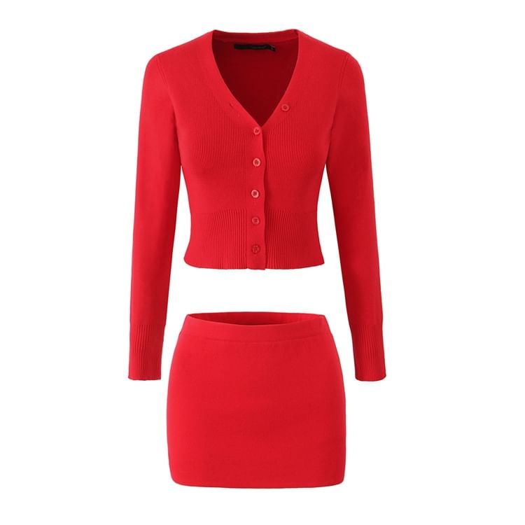 V-Neck Solid Button Crop Cardigan and High Waist Mini Pencil Skirt Set