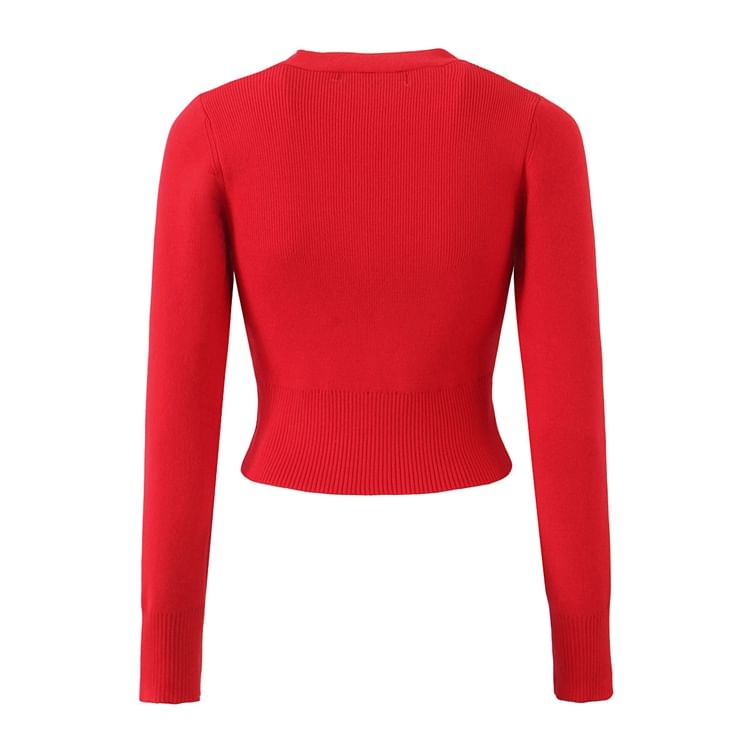 V-Neck Solid Button Crop Cardigan and High Waist Mini Pencil Skirt Set