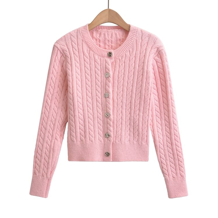 Crew Neck Solid Sequin Cable Knit Button Crop Sweater