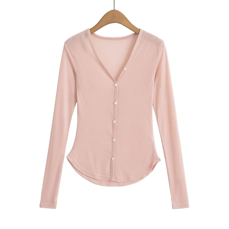 V-Neck Solid Sheer Button Knitwear