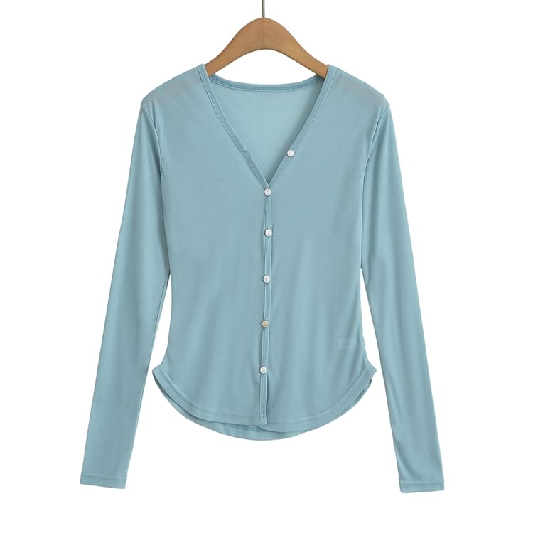 V-Neck Solid Sheer Button Knitwear