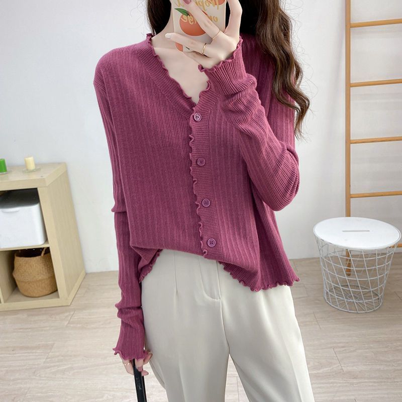 Ribbed V-Neck Cropped Knitted Cardigan