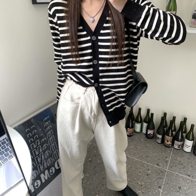 Striped V-Neck Extended Sleeve Button Sweater