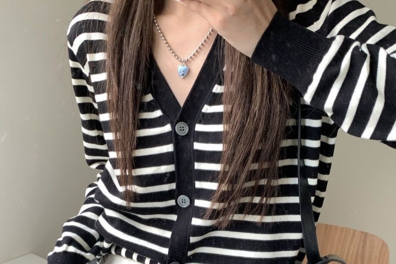 Striped V-Neck Extended Sleeve Button Sweater