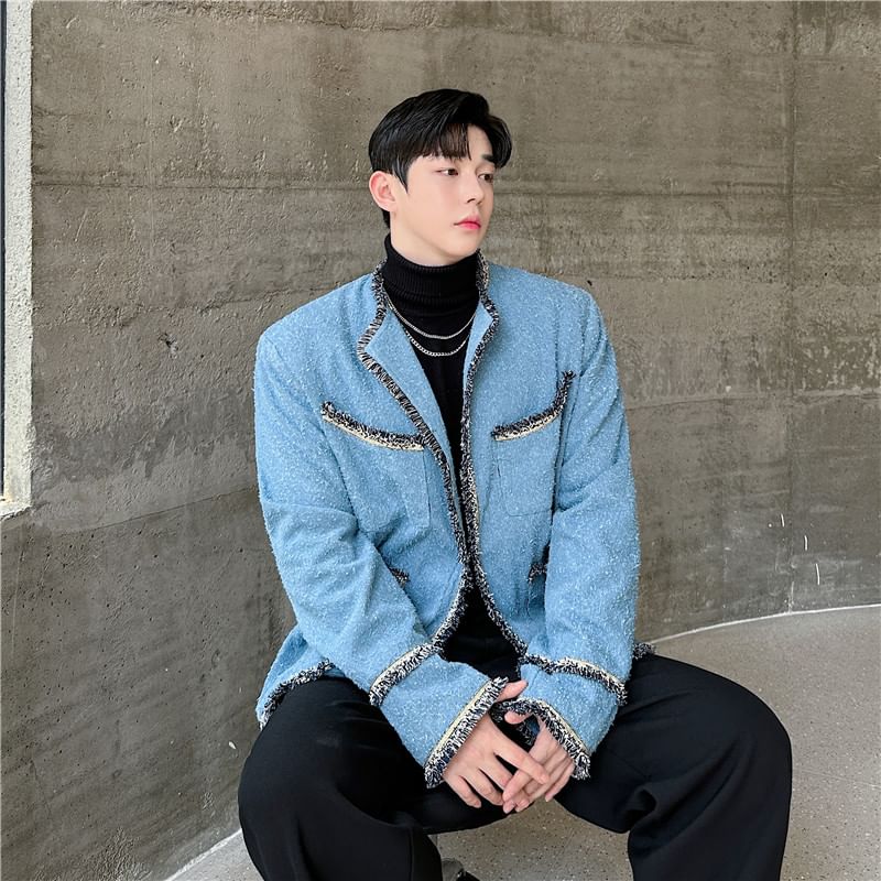 Tweed Trim Button-Up Jacket