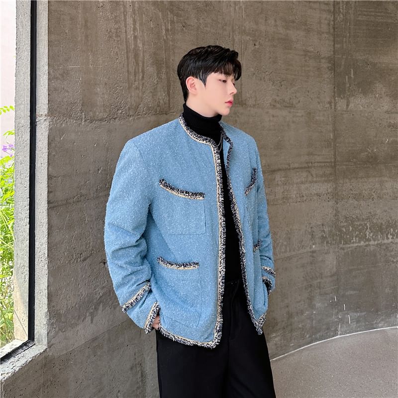 Tweed Trim Button-Up Jacket