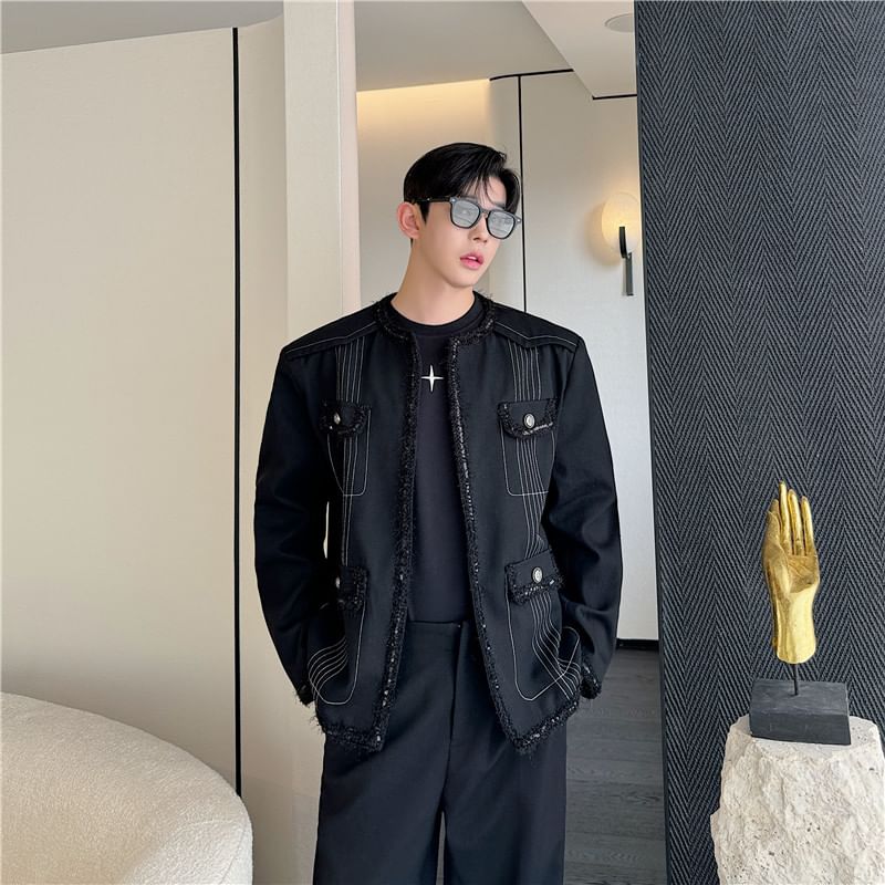 Tweed Trim Contrast Stitched Jacket