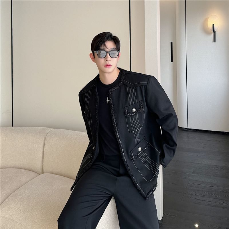 Tweed Trim Contrast Stitched Jacket