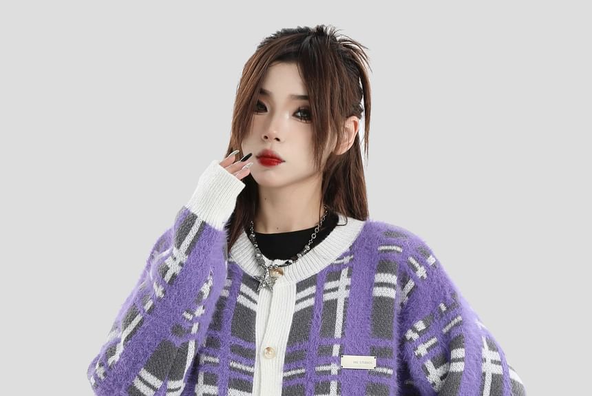 Matching Round Neck Plaid Knit Jacket for Couples