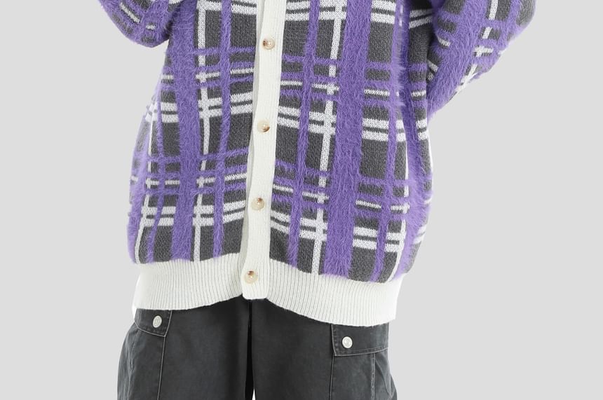Matching Round Neck Plaid Knit Jacket for Couples