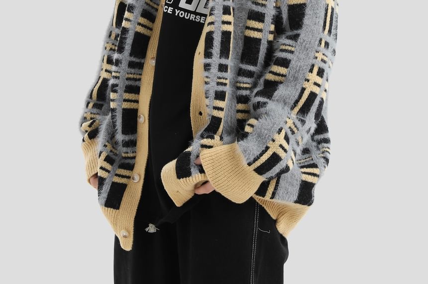 Matching Round Neck Plaid Knit Jacket for Couples