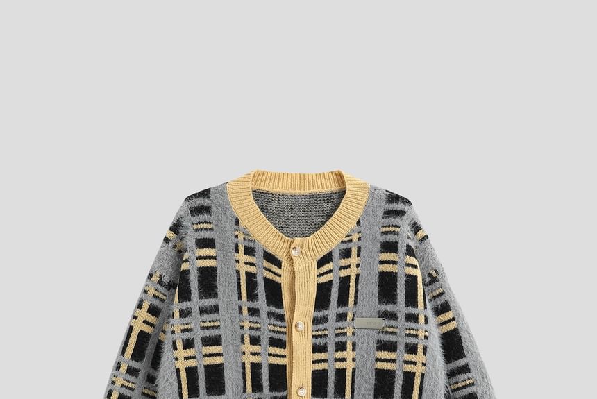 Matching Round Neck Plaid Knit Jacket for Couples