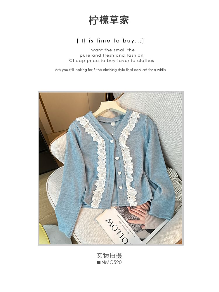 Lace-Trim V-Neck Knit Jacket