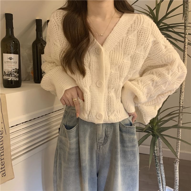 V-Neck Solid Cable Knit Sweater