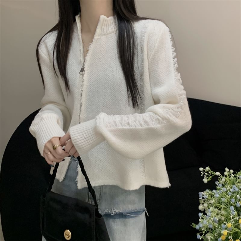Round Neck Solid Distressed Zip Jacket