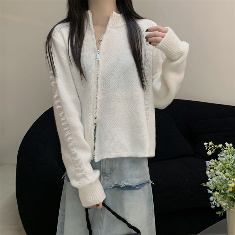 Round Neck Solid Distressed Zip Jacket