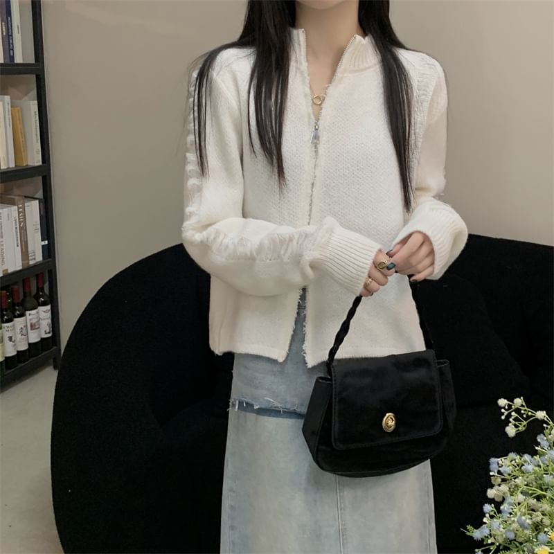 Round Neck Solid Distressed Zip Jacket
