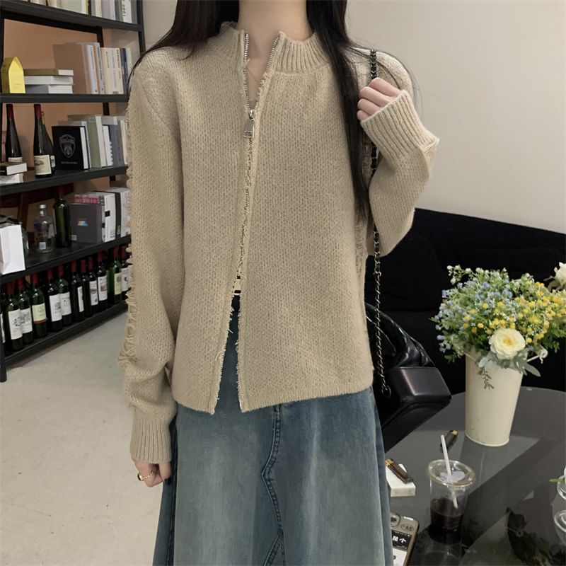 Round Neck Solid Distressed Zip Jacket