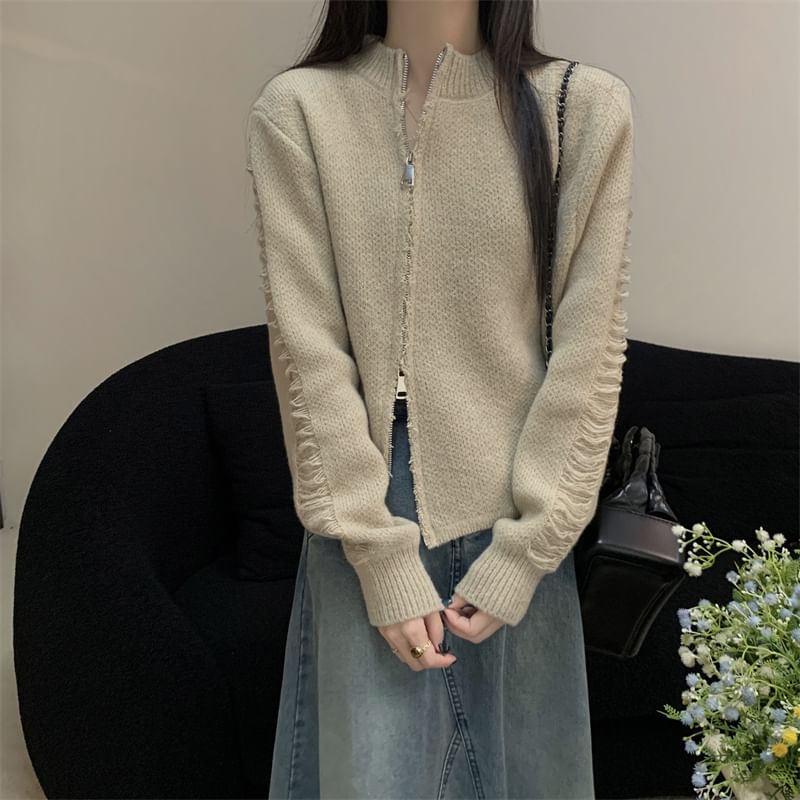 Round Neck Solid Distressed Zip Jacket