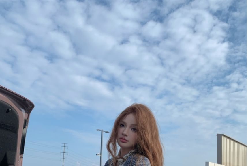 Square Neck Panel Tweed Rhinestone Button Jacket