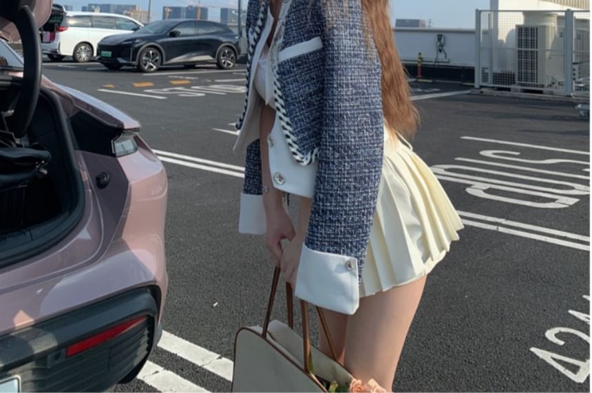 Square Neck Panel Tweed Rhinestone Button Jacket