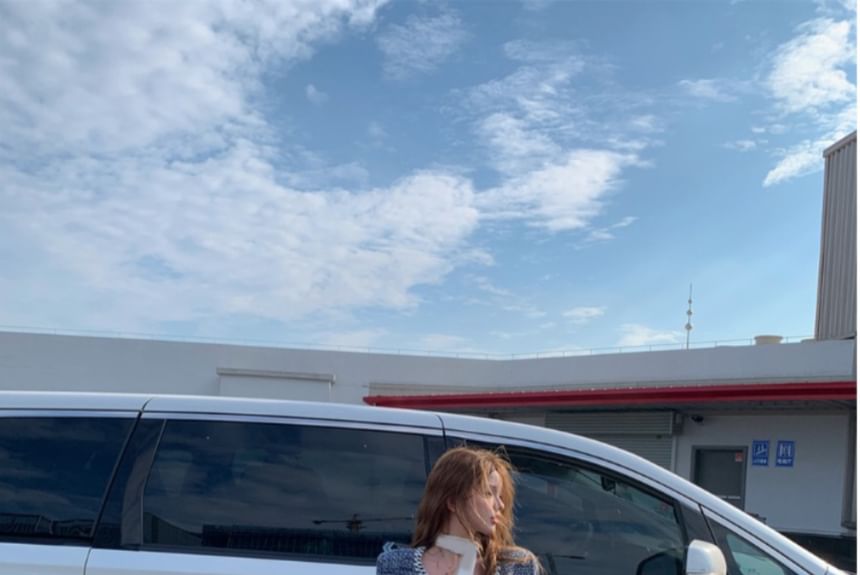 Square Neck Panel Tweed Rhinestone Button Jacket