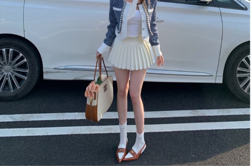 Square Neck Panel Tweed Rhinestone Button Jacket