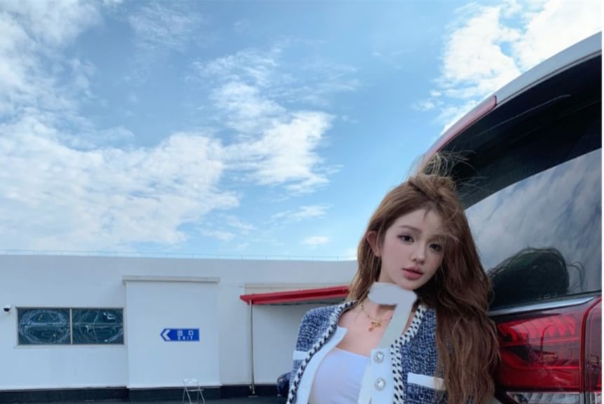 Square Neck Panel Tweed Rhinestone Button Jacket