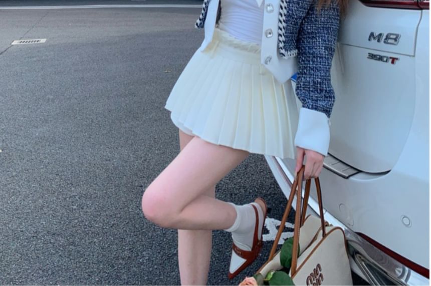 Square Neck Panel Tweed Rhinestone Button Jacket