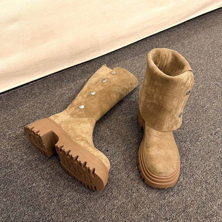 Suede Faux Platform Button Mid Boots Calf