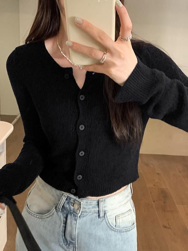 Solid Button Crop Knit Jacket