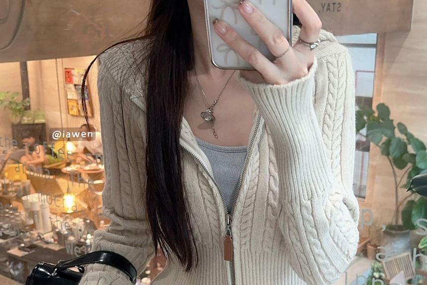 Hooded Simple Cable Knit Zip Up Cropped Sweater