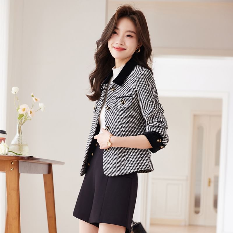 Collared Striped Button Cropped Tweed Jacket