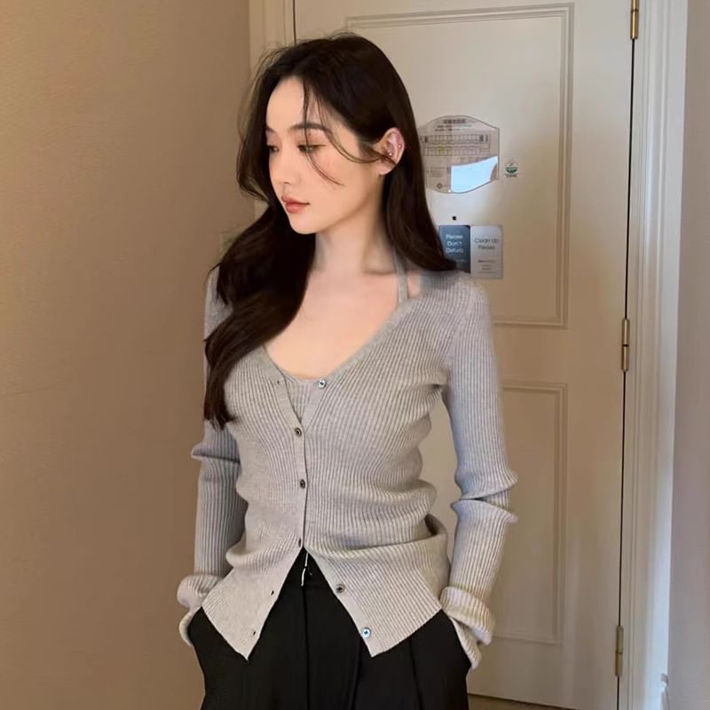 V-Cut Simple Ribbed Knit Sweater Jacket