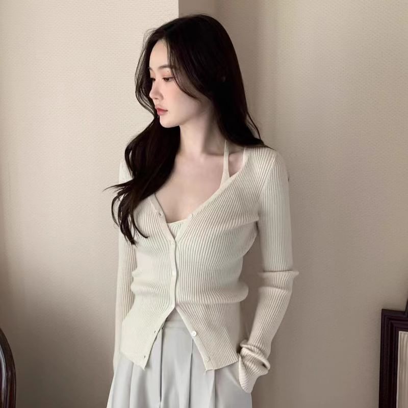 V-Cut Simple Ribbed Knit Sweater Jacket