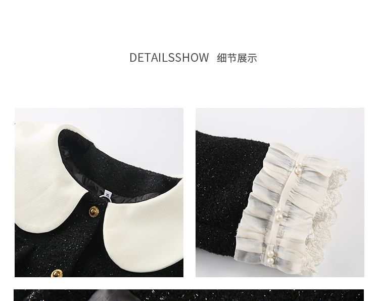 Plus Size Contrast Collar Frill Trim Button Tweed Coat Dress