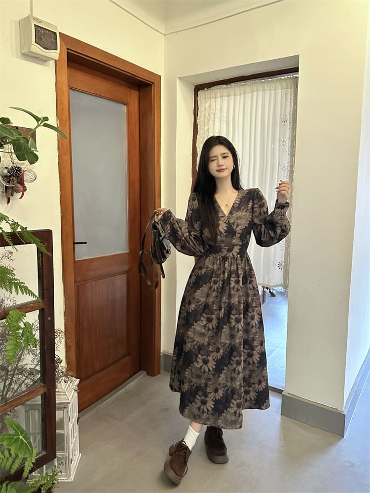 Long Sleeve V-Neck Wrap Sunflower Print Midi A-Line Dress