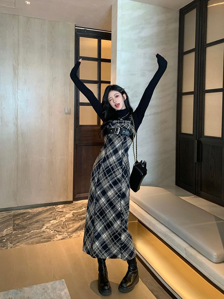 Long-Sleeve Mock Neck Knit Top / Plaid Midi Dungaree Dress / Set