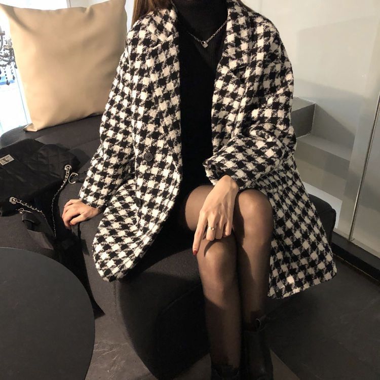 Houndstooth Double-Breasted Lapel Wool Coat