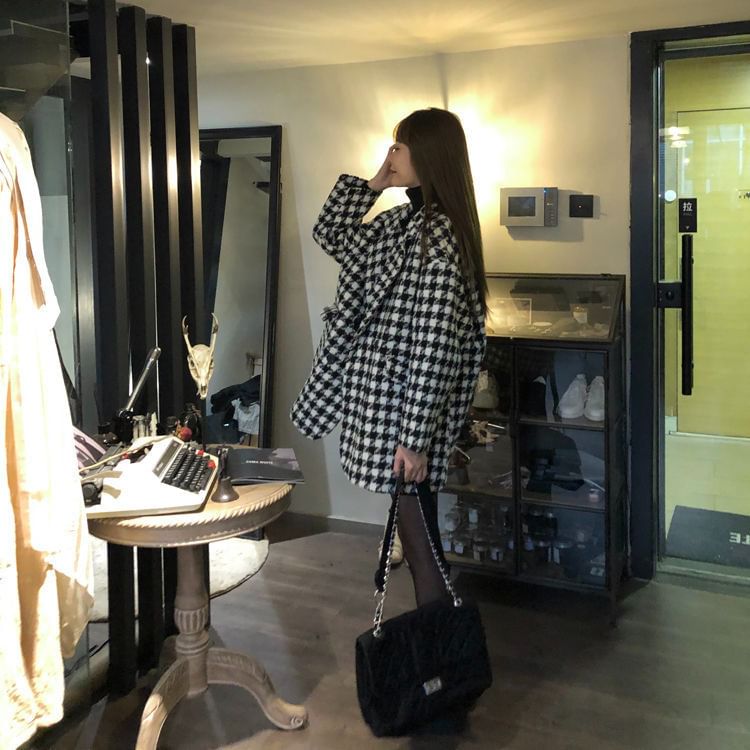 Houndstooth Double-Breasted Lapel Wool Coat
