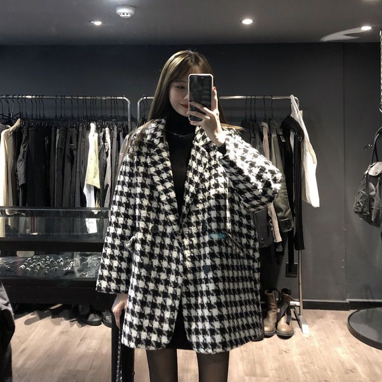 Houndstooth Double-Breasted Lapel Wool Coat
