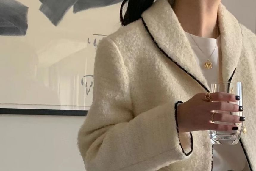 Collared Contrast Trim Tweed Button Jacket