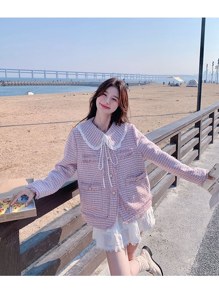 Collared Fray Tweed Button Jacket