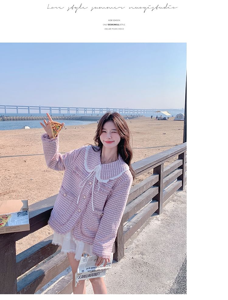 Collared Fray Tweed Button Jacket